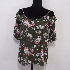 Hippie Rose womens size L blouse  cold shoulder olive green floral Pre own